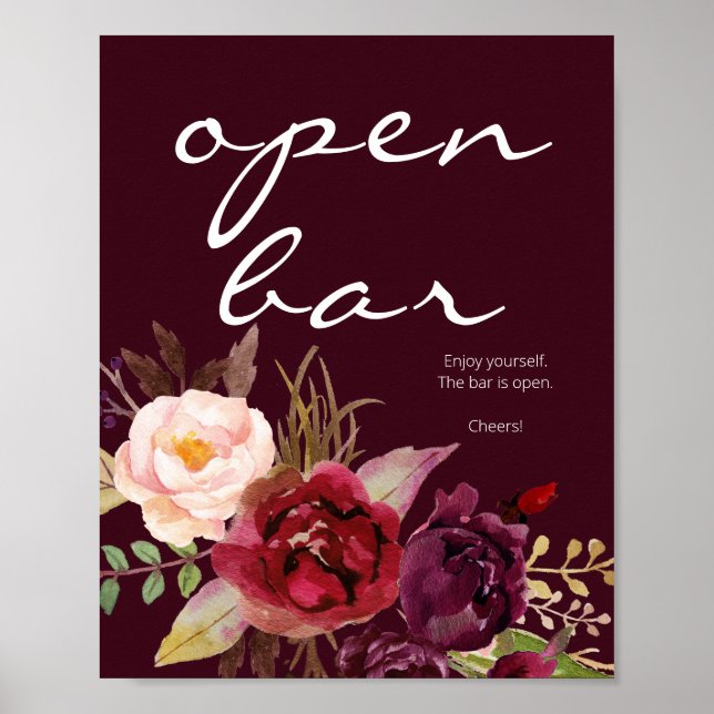 Burgundy Marsala Floral Open Bar Sign Burgundy (Front)