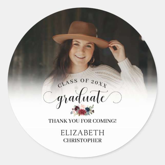 Burgundy Marsala Floral Photo Graduation Thank You Classic Round Sticker (Front)