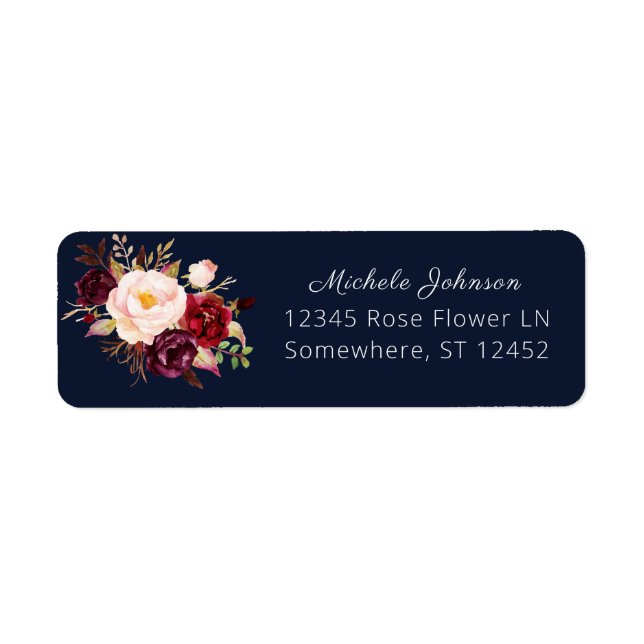 Burgundy Marsala Floral Return Address 2 Navy (Front)