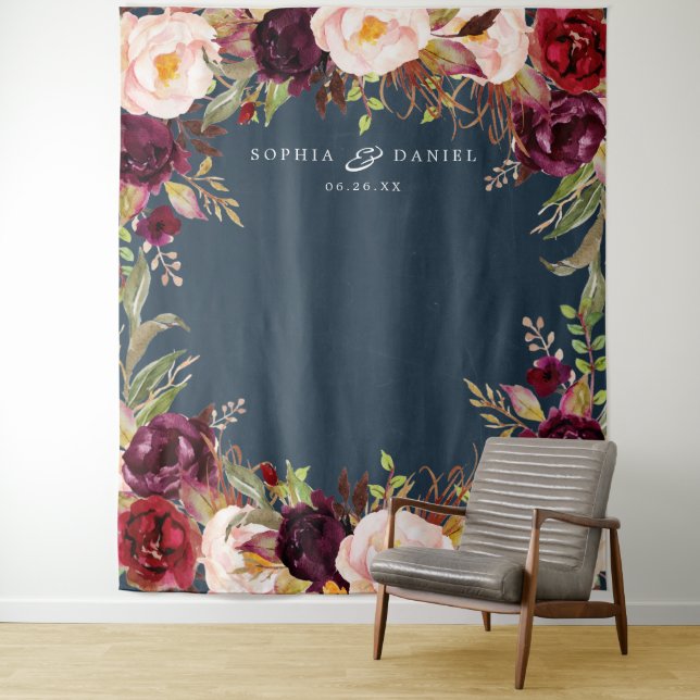 Burgundy Marsala Floral Wedding Decor Backdrop Tapestry (In Situ)