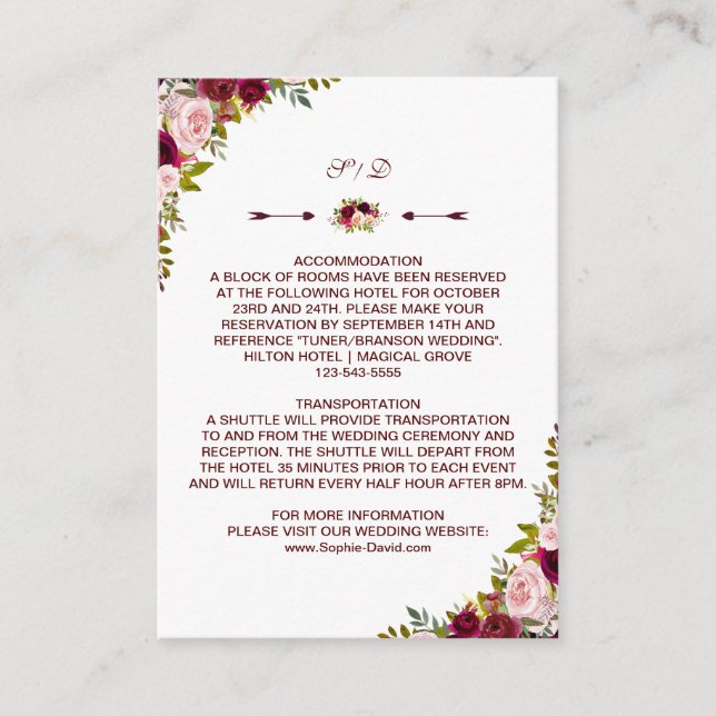 Burgundy Marsala Floral Wedding Details - Info Enclosure Card (Front)