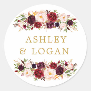 Burgundy Marsala Floral Wedding Favour Sticker
