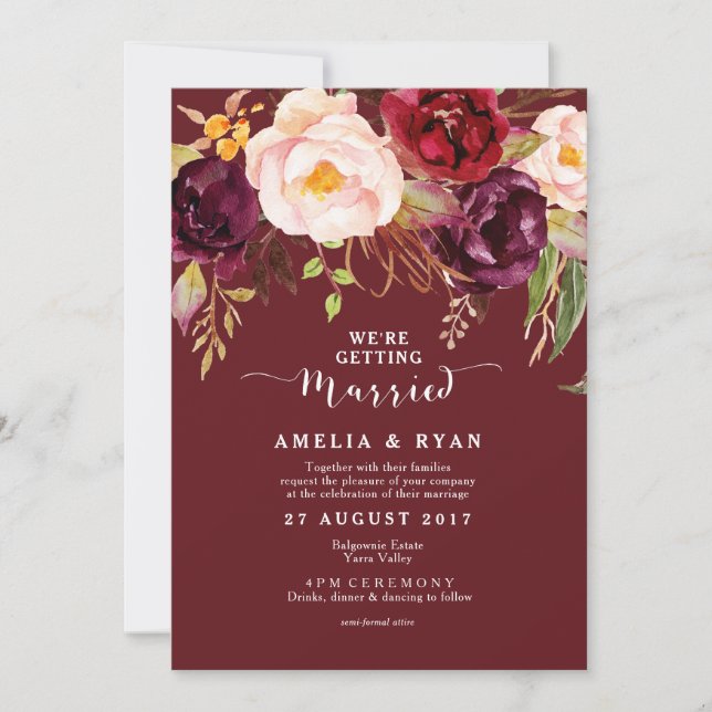 Burgundy Marsala Floral Wedding Invitation (Front)