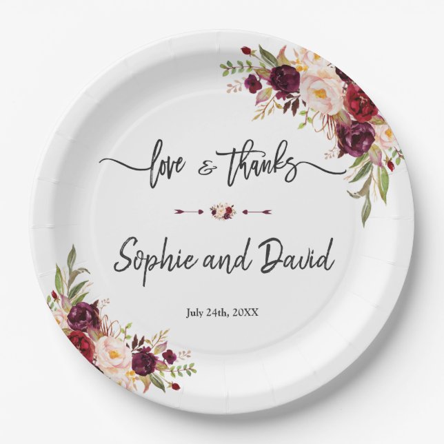 Burgundy Marsala Floral Wedding Love and Thanks Paper Plate (Front)