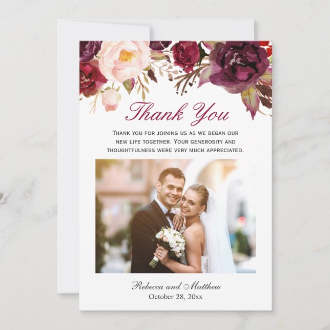 Burgundy Marsala Floral Wedding Photo Thank You (Front)
