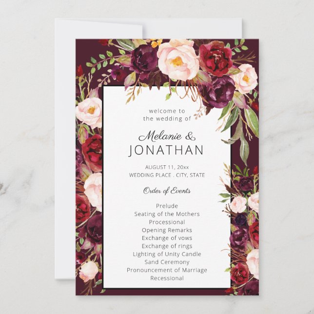 Burgundy Marsala Floral Wedding Program Invitation (Front)