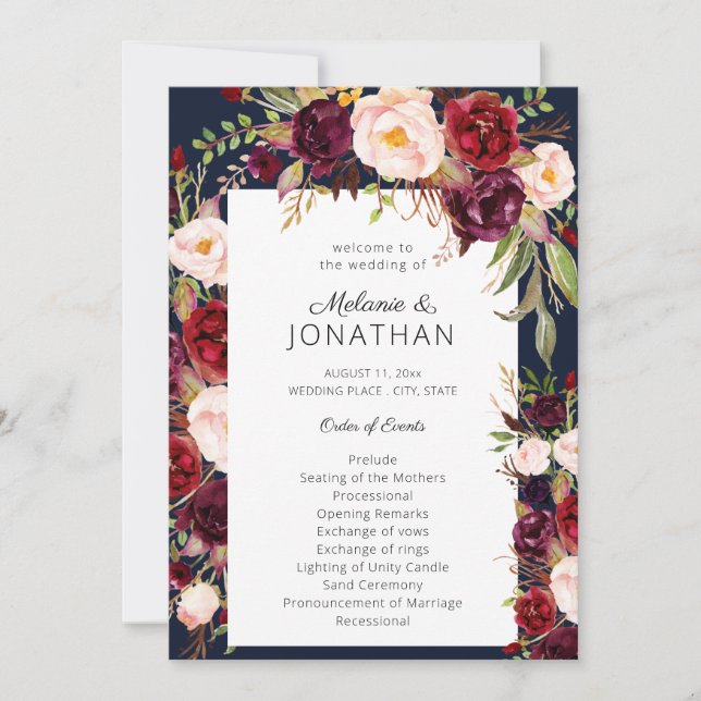 Burgundy Marsala Floral Wedding Program Navy Invitation (Front)