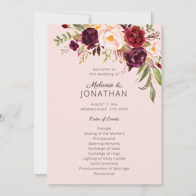 Burgundy Marsala Floral Wedding Program Pink V2 Invitation (Front)