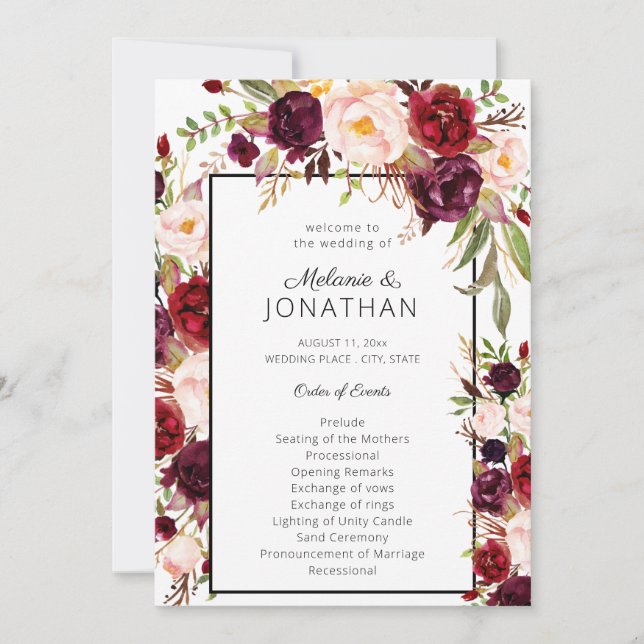 Burgundy Marsala Floral Wedding Program White Invitation (Front)