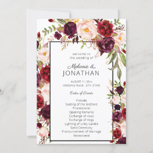 Burgundy Marsala Floral Wedding Program White Invitation