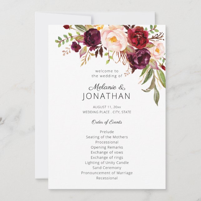 Burgundy Marsala Floral Wedding Program White V2 Invitation (Front)
