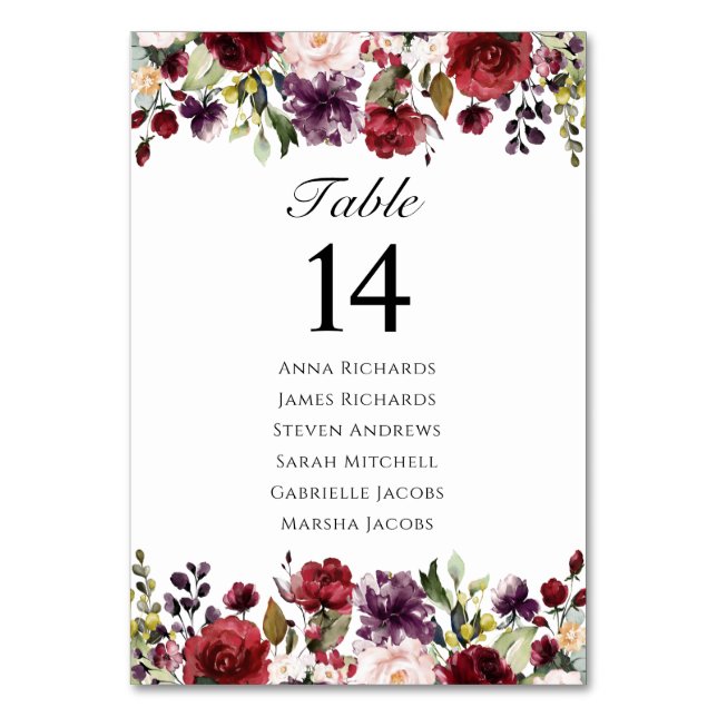 Burgundy Marsala Floral Wedding Reception Seating Table Number (Front)