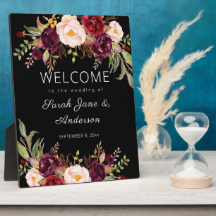 Burgundy Marsala Floral Welcome Sign - Black Plaque