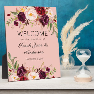 Burgundy Marsala Floral Welcome Sign Pink 2 Plaque