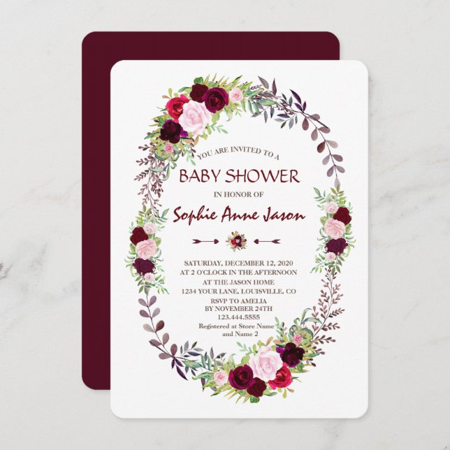 Burgundy Marsala Floral Wreath Baby Shower Invitation (Front/Back)