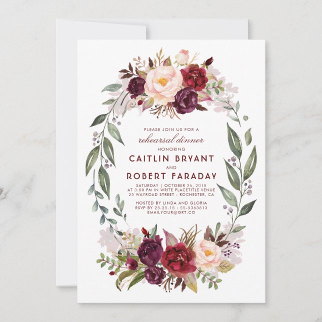 Burgundy - Marsala Floral Wreath Rehearsal Dinner Invitation (Front)