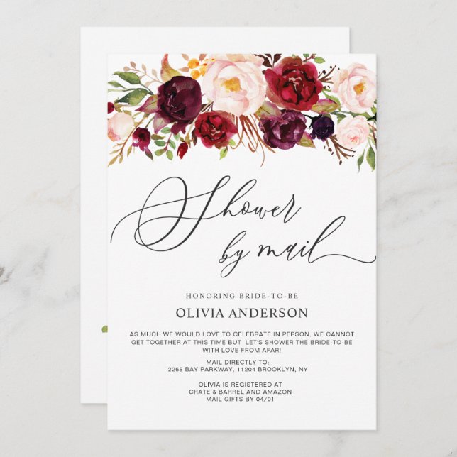 Burgundy Marsala Flowers Bridal Shower by Mail Invitation (Front/Back)