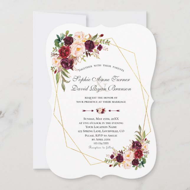 Burgundy Marsala Flowers Gold Frame Wedding Invitation (Front)
