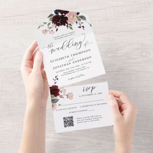 Burgundy Marsala Flowers Wedding Details QR RSVP All In One Invitation (Tearaway)