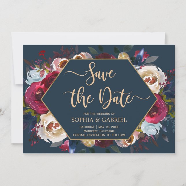 Burgundy Marsala Navy Floral | Save the Date card (Front)