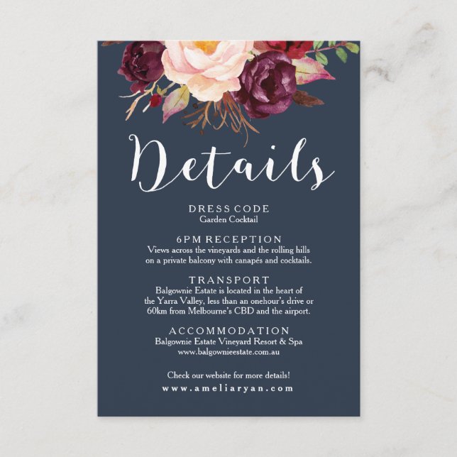 Burgundy Marsala Navy Wedding Details Card (Front)