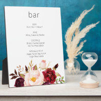 Burgundy Marsala Pink Floral Bar Sign Easel White