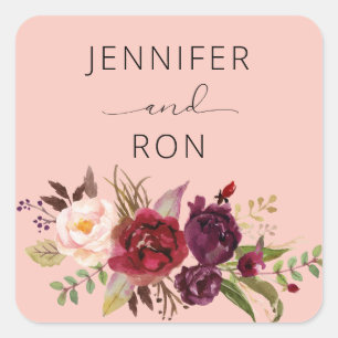 Burgundy Marsala & Pink Floral Name - Pink 2 Square Sticker