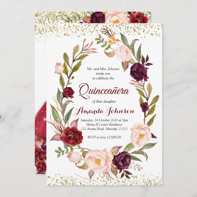 Burgundy Marsala Princess Quinceañera Spanish Invitation (Front/Back)