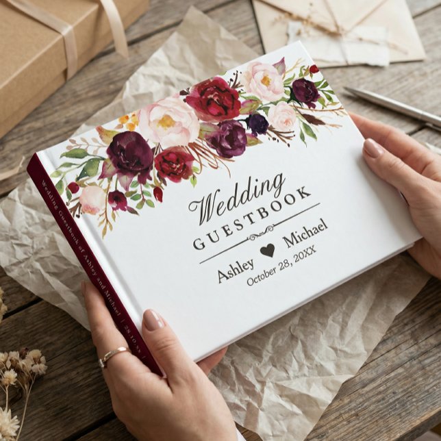 Burgundy Marsala Red Autumn Floral Wedding Guest Book (Creator Uploaded)