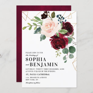 Burgundy Marsala Red Blush Rose Geometric Floral Invitation
