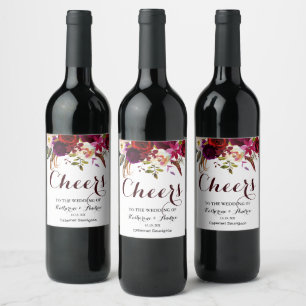 Burgundy Marsala Red Boho Floral Cheers Wedding Wine Label