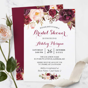 Burgundy Marsala Red Floral Autumn Bridal Shower Invitation