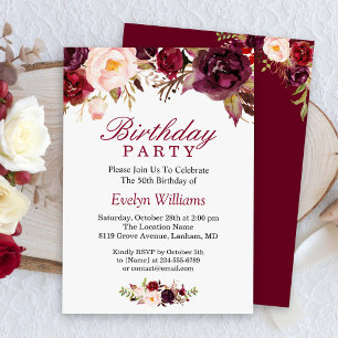 Burgundy Marsala Red Floral Birthday Party Invitation