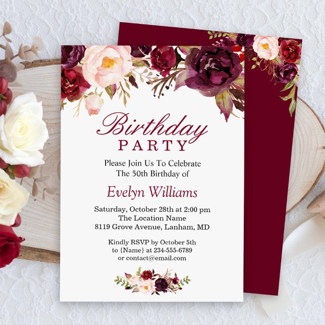 Burgundy Marsala Red Floral Birthday Party Invitation (Creator Uploaded)