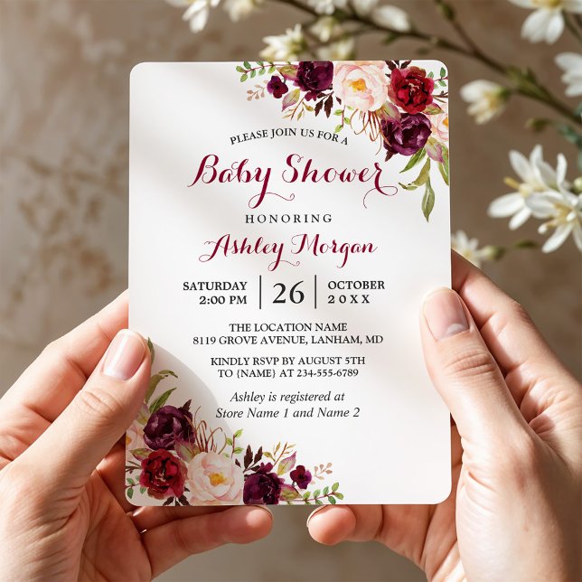 Burgundy Marsala Red Floral Boho Baby Shower Invitation (Creator Uploaded)