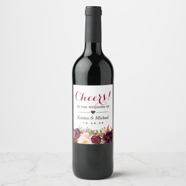 Burgundy Marsala Red Floral Cheers To The Wedding Wine Label (Front)