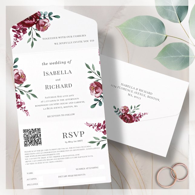 Burgundy | Marsala Red Floral | QR Code RSVP   All In One Invitation (Creator Uploaded)