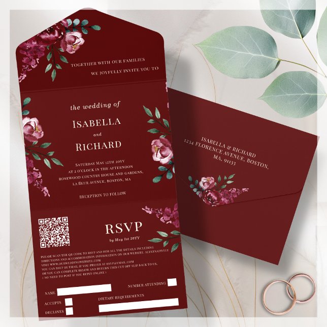 Burgundy | Marsala Red Floral | QR Code RSVP   All In One Invitation (Creator Uploaded)