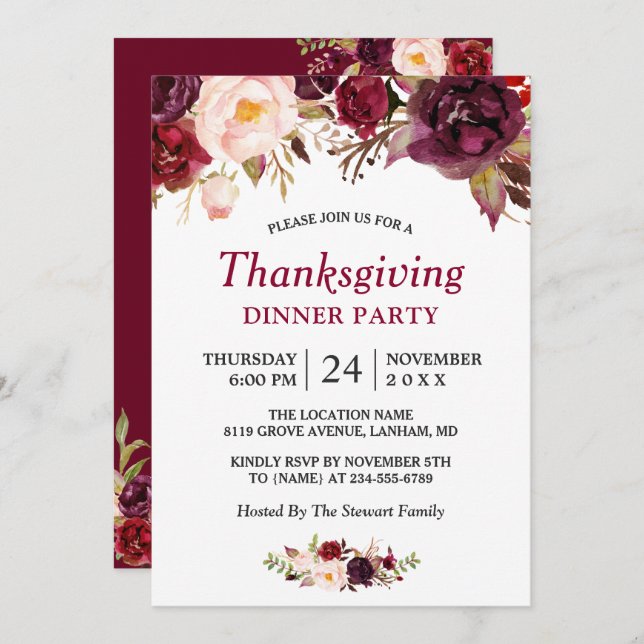 Burgundy Marsala Red Floral Thanksgiving Party Invitation (Front/Back)