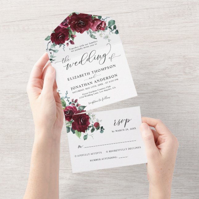 Burgundy Marsala Red Floral Wedding Details RSVP A All In One Invitation (Tearaway)
