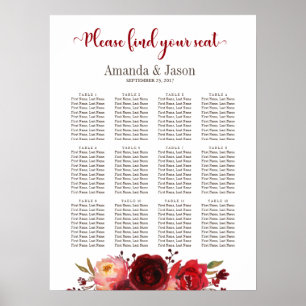 Burgundy Marsala Red Floral Wedding seating chart