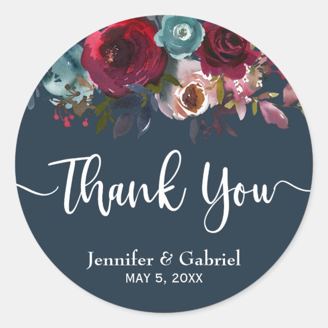 Burgundy Marsala Red Navy Floral Wedding Thank You Classic Round Sticker (Front)