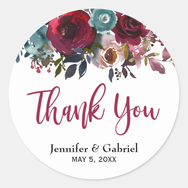 Burgundy Marsala Red Navy Floral Wedding Thank You Classic Round Sticker (Front)