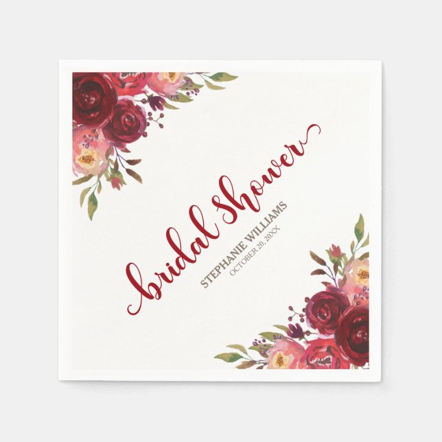 Burgundy Marsala Red Roses Floral Bridal Shower Napkin (Front)