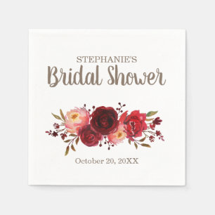 Burgundy Marsala Red Roses Floral Bridal Shower Napkin