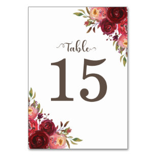 Burgundy Marsala Red Roses Floral  table number
