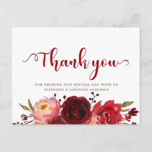 Burgundy Marsala Red Roses Floral Thank you Postcard