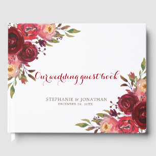 Burgundy Marsala Red Roses Floral wedding Guest Book