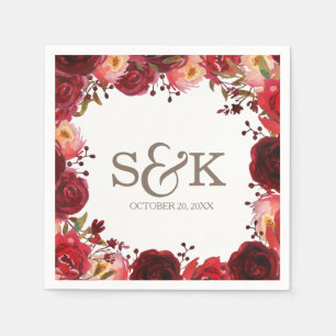 Burgundy Marsala Red Roses Floral Wedding Napkin