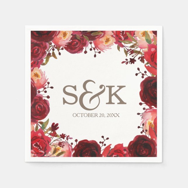 Burgundy Marsala Red Roses Floral Wedding Napkin (Front)